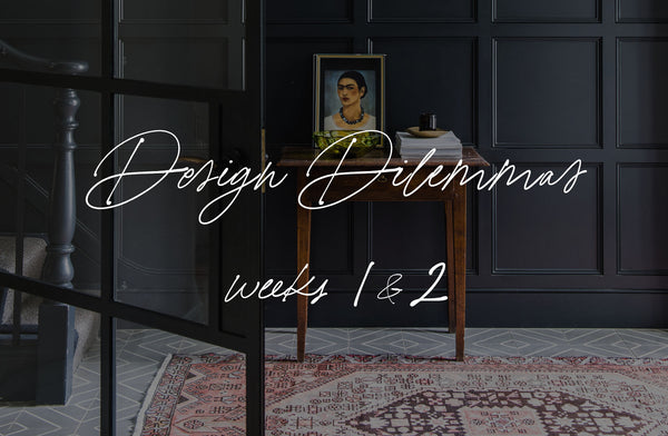 Design Dilemmas cover photo - a dark panelled hallway with antique rug & Frida Kahlo painting
