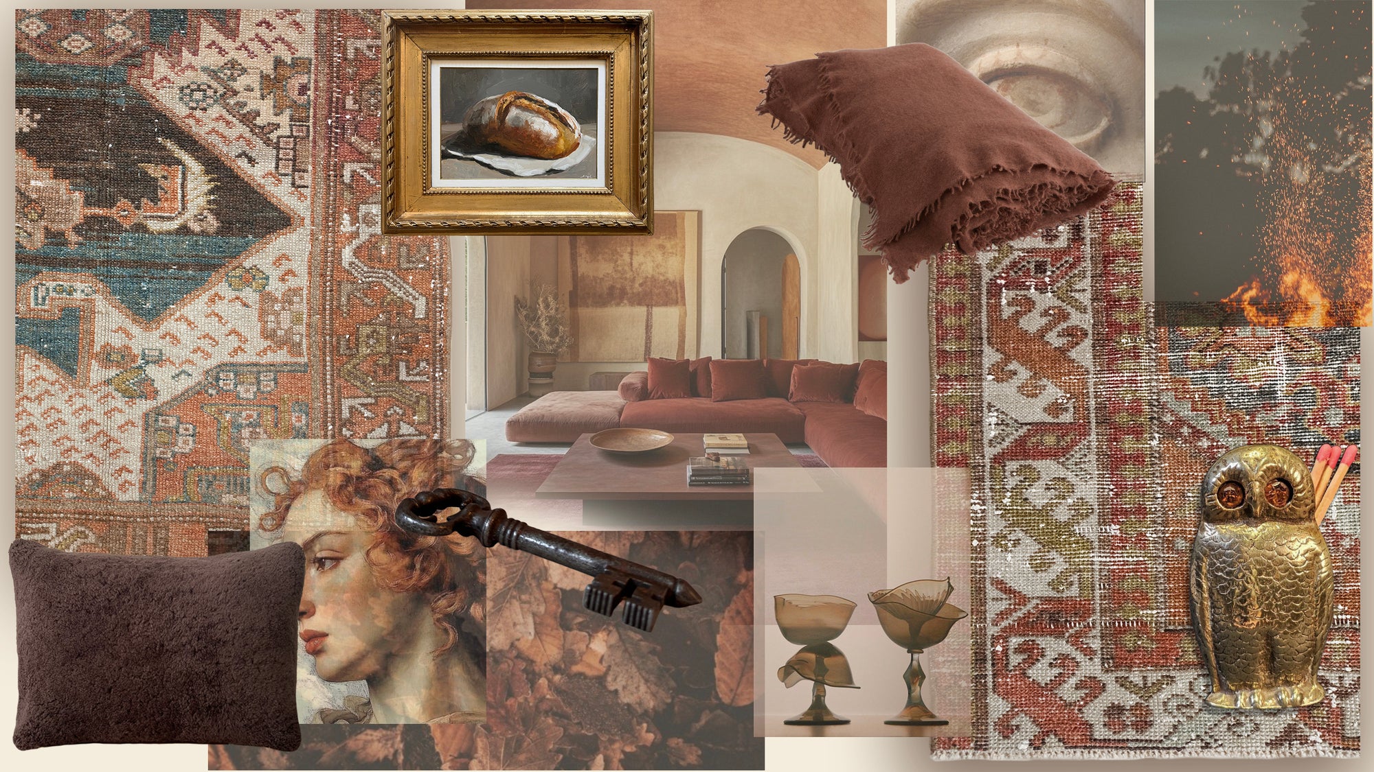 Collage of decorative elements including a rug, painting, and decorative items.