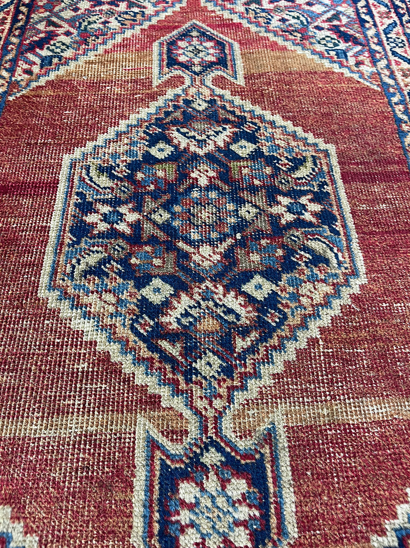a mini tabriz rug with a coral field and a navy blue medallion and border