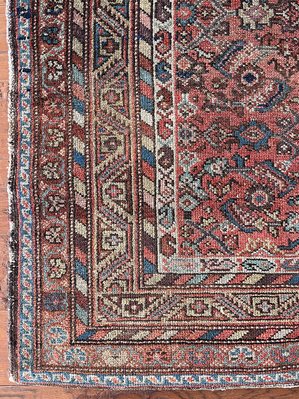 an antique malayer rug with a coral field and a blue floral trellis pattern
