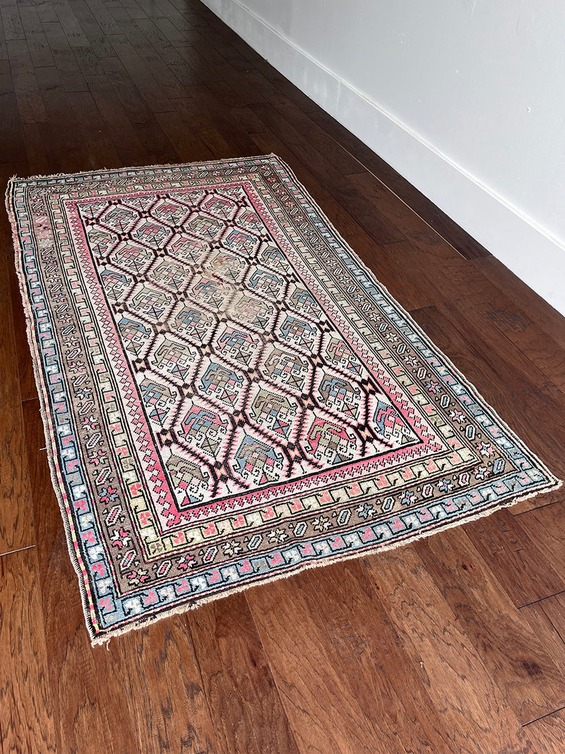 an antique caucasian rug with an ivory field and a pink and brown trellis pattern