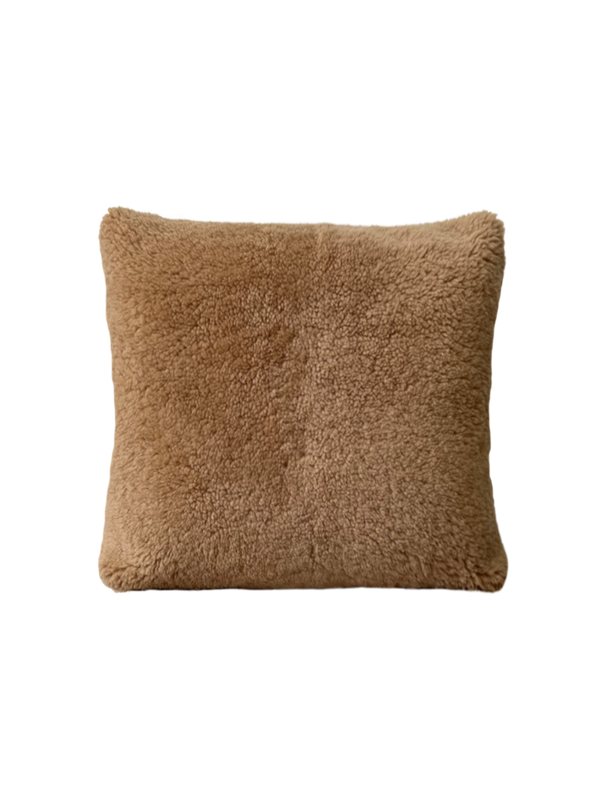 a shearling pillow in camel colored velvet with a plush velvet backing and exposed brass zipper