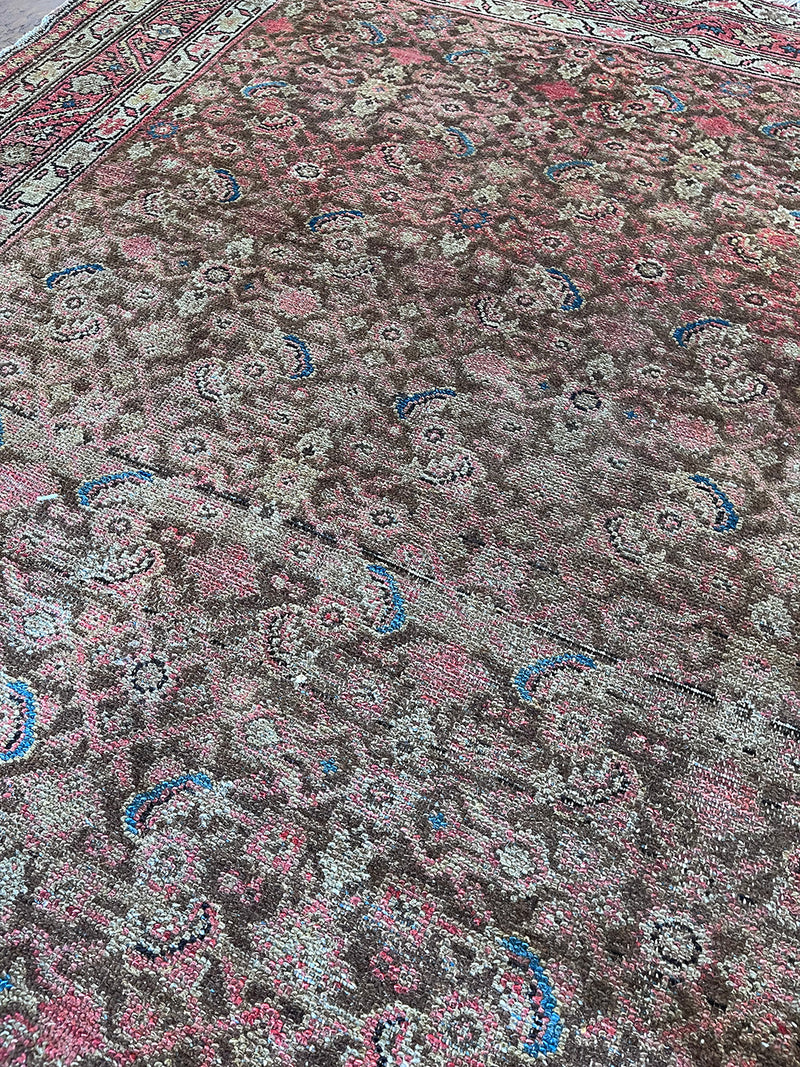 an antique malayer rug with a brown field and a pink trellis pattern