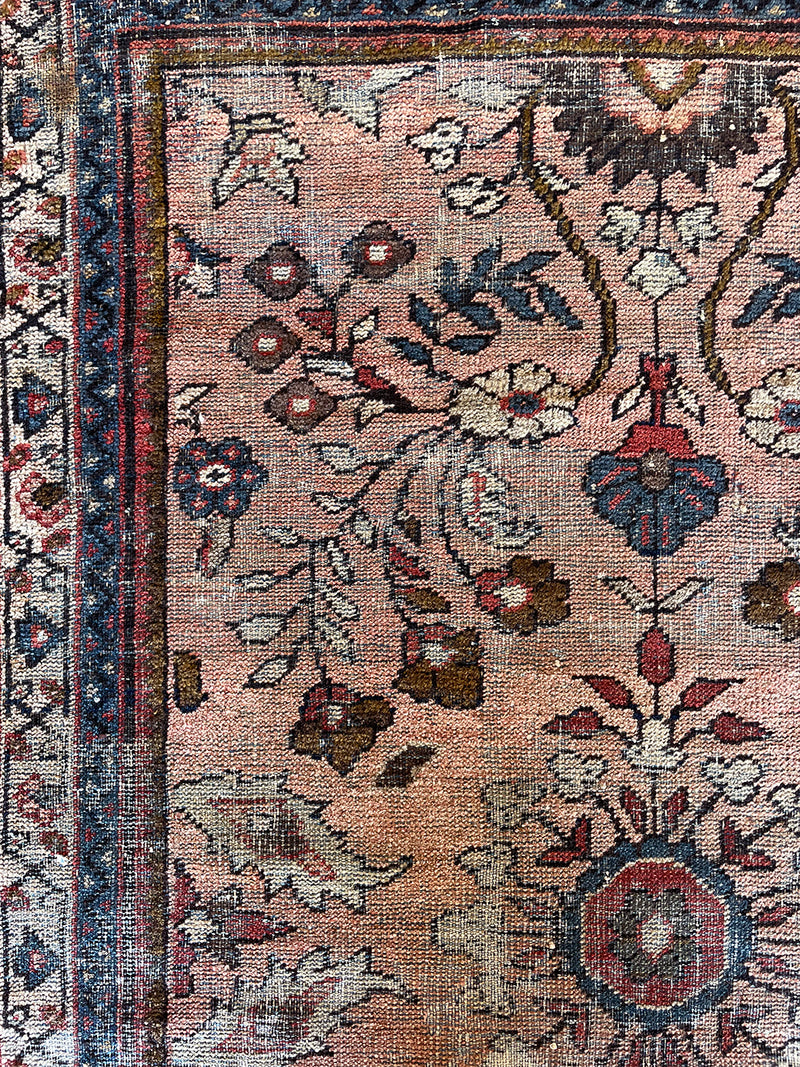 an antique mahal rug with a soft pink field and a pretty blue and brown floral pattern