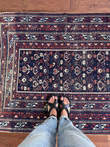 an antique caucasian shirwan rug with a navy blue field and a red border