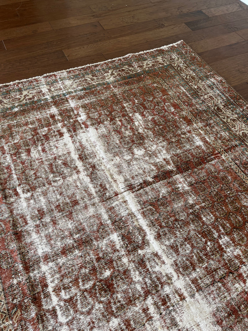 an antique persian rug with a teal border, dark red field and fine paisley pattern